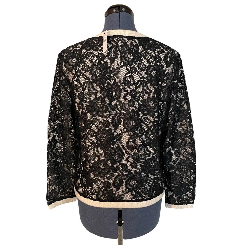 NWT‎ Talbots Black Lace Overlay Ivory Knit Pearl Button Cardigan Old Money Lux S
